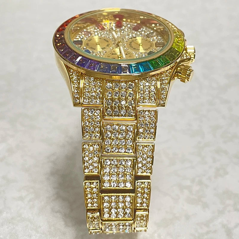 Stainless Steel Smartwatch Hip Hop Rainbow Pavé Diamonds — Gold | KIMLUD