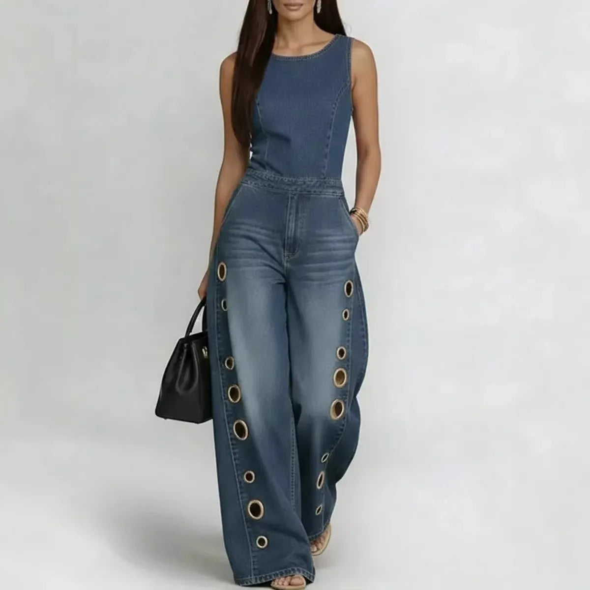 Denim Jumpsuit Sleeveless Eyelet Cutout High Waist Wide Leg — Blue | KIMLUD