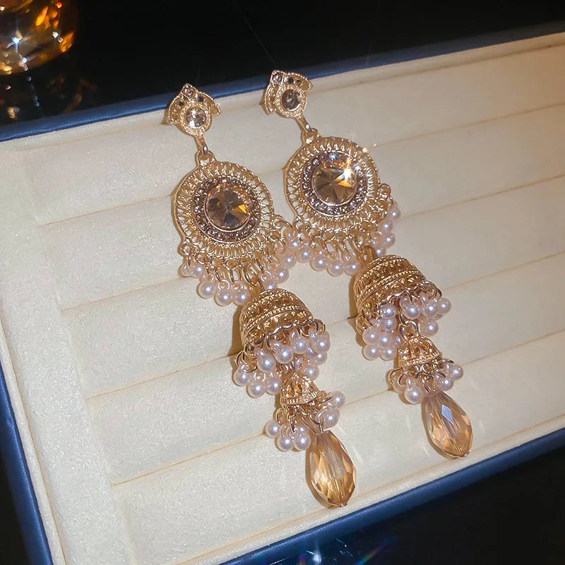 Crystal Water Drop Clip Earrings Round Rhinestones — Vintage Blue | KIMLUD
