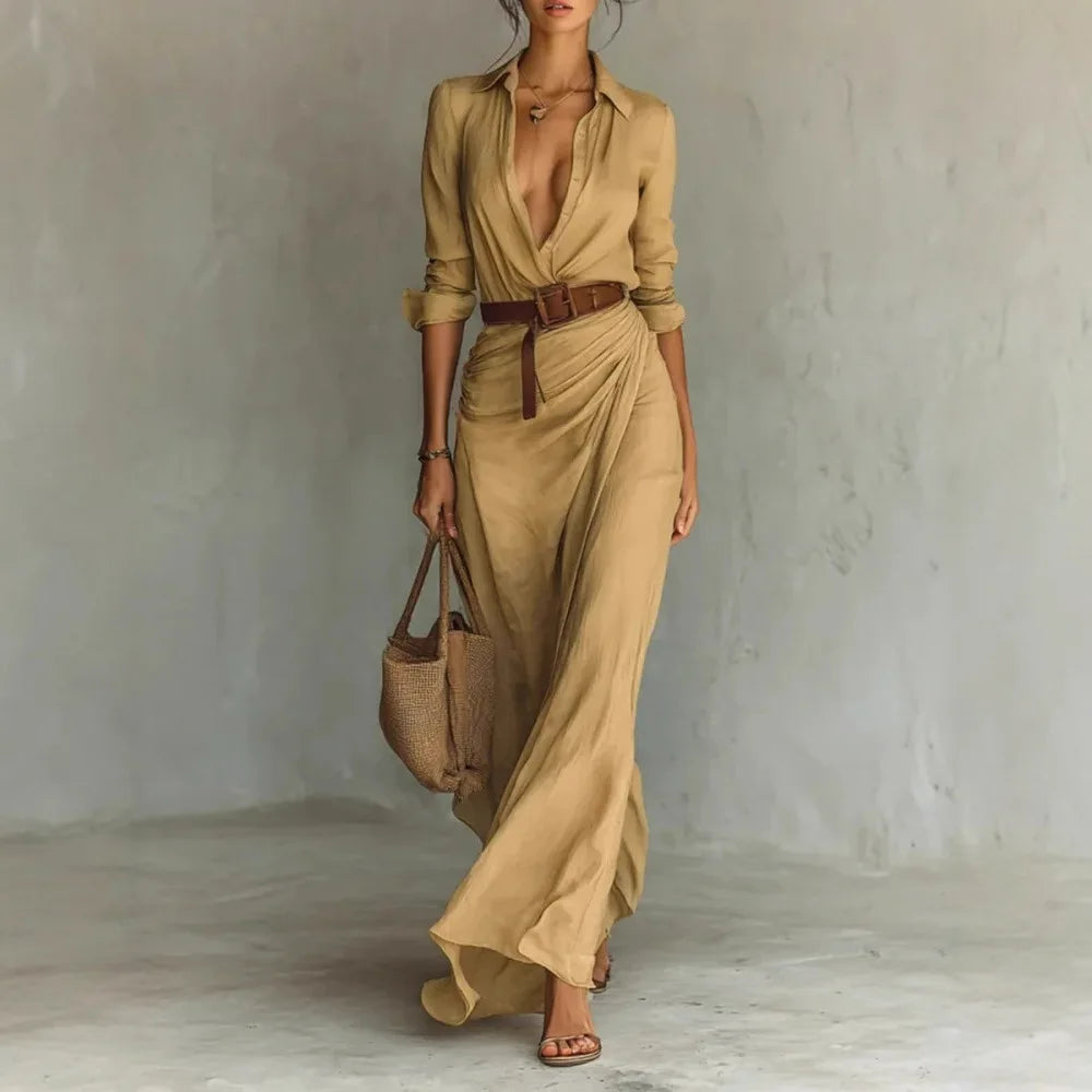 Polyester Satin Dress — Slim A-Line Irregular Hem — White | KIMLUD