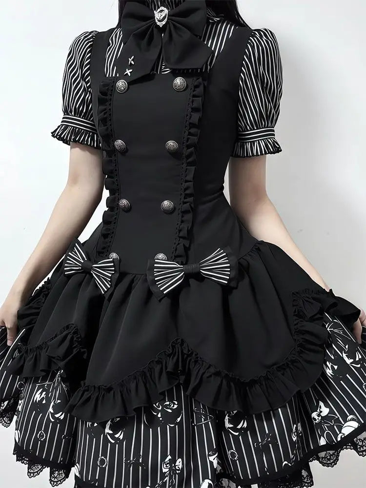 Gothic Striped Lolita Dress Set Puff Sleeve — Black and White | KIMLUD