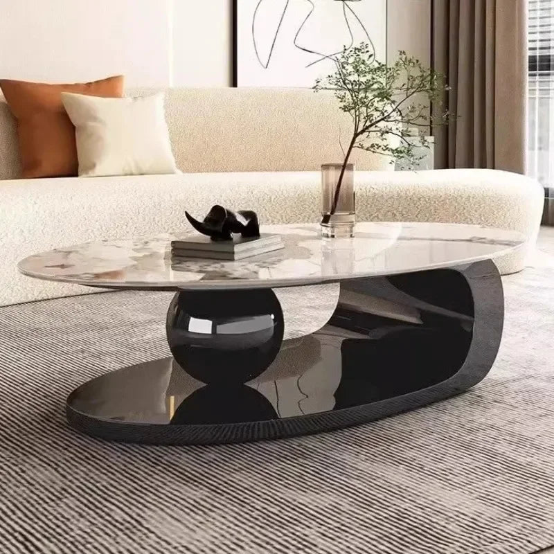 Slate Metal Coffee Table Italian Oval Form With Marble-Like Top — Ivory | KIMLUD