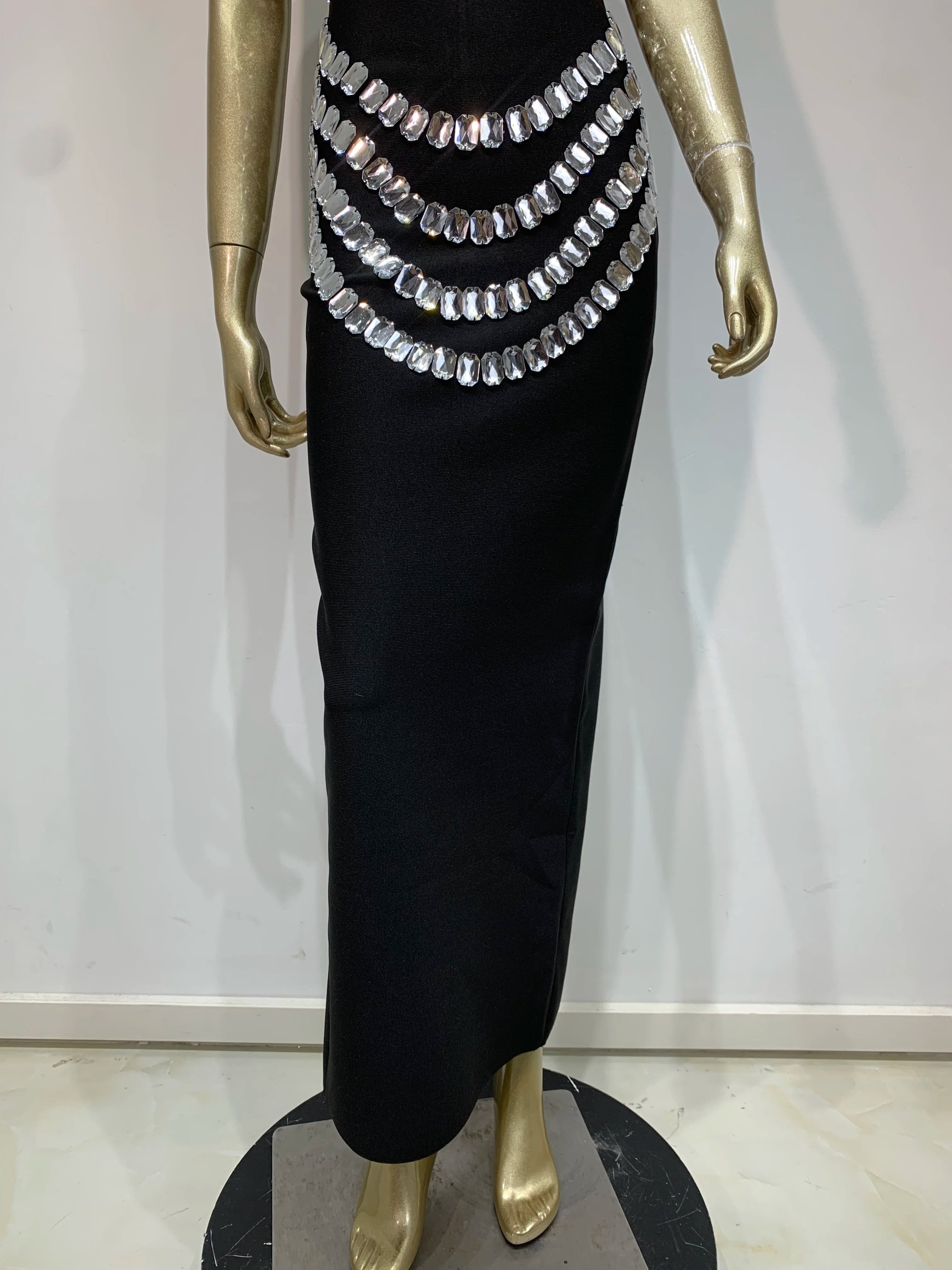 Brand New Ins 2025 Women Black Strapless Crystal Bandage Bodycon Dress Designer Collar Elegant Evening Party Dress Vestido