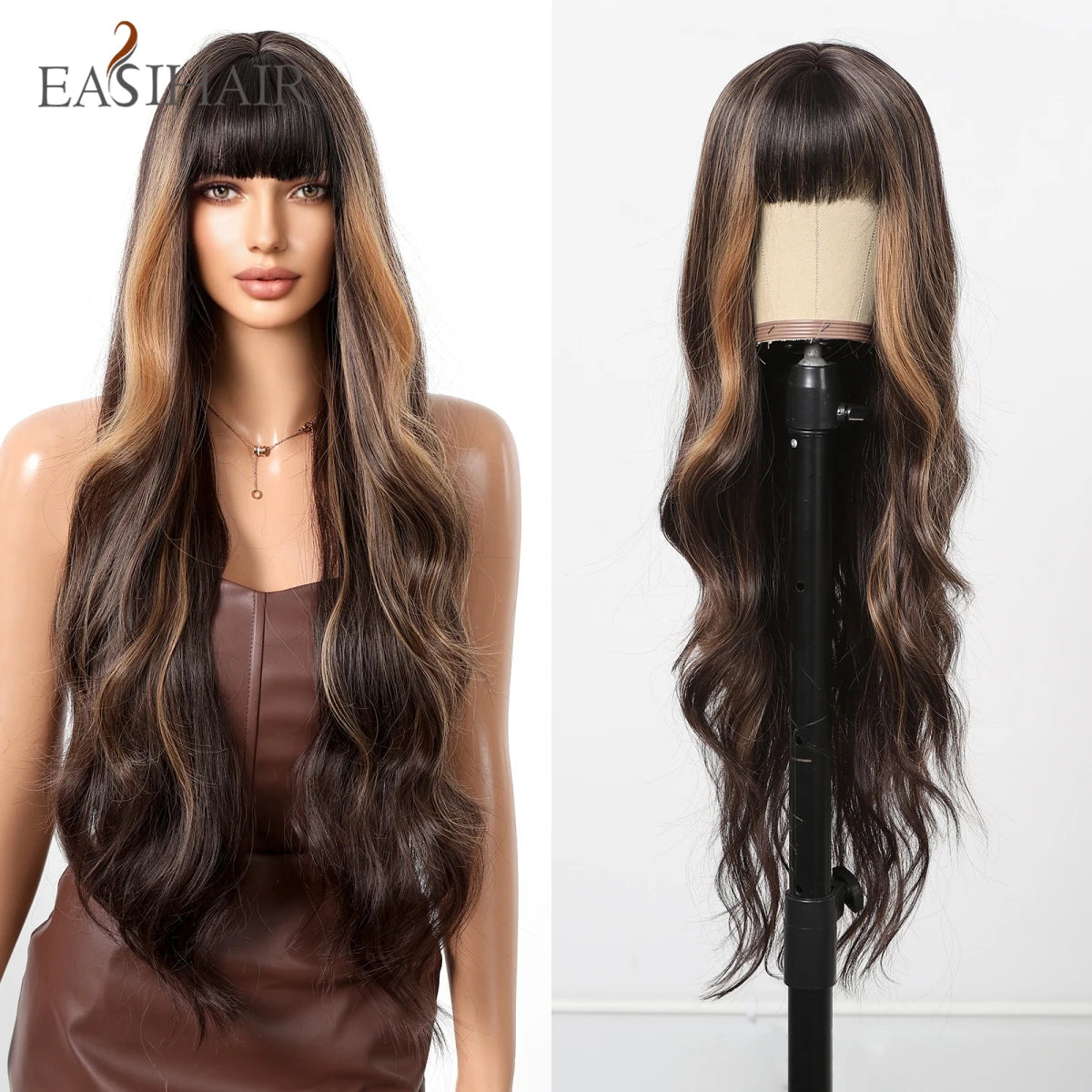 EASIHAIR Sandy Blonde Golden Wavy Synthetic Wigs with Long Bangs Cosplay Lolita Party Hair Wigs for Women Natural Heat Resistant