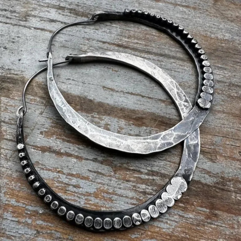 Hoop Earrings – Vintage Distressed Hammer-Embossed Bohemian – Copper – White | KIMLUD