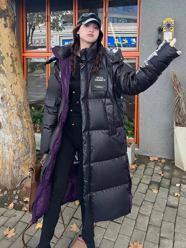 New Arrivals Winter White White Duck Down Hooded Long Puffer Jacket Thickened Warm Solid Color Fashion Windproof Down Jacket