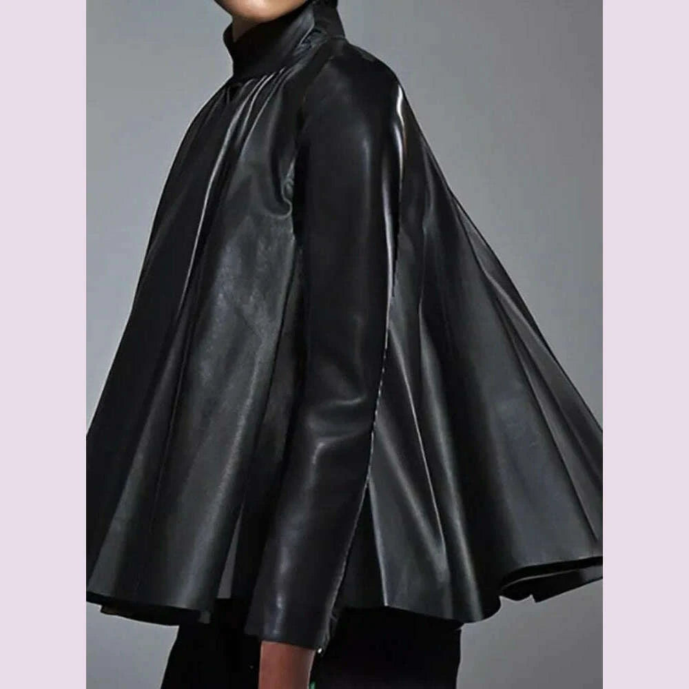 yeezzi-womens-black-faux-leather-stand-collar-tops-2025-new-long-sleeve-fashion-big-hemline-solid-color-pleated-a-line-blouse-kimlud-kimlud-33912213