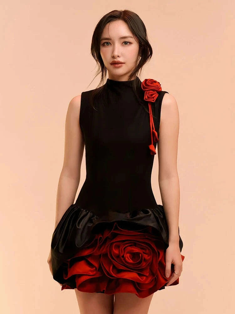 KIMLUD, Ele Color Blo 3D Flower Svel Dr Birthday High Waist A-Line Slimming Dr French Sle Printed Summer Gown, KIMLUD Womens Clothes