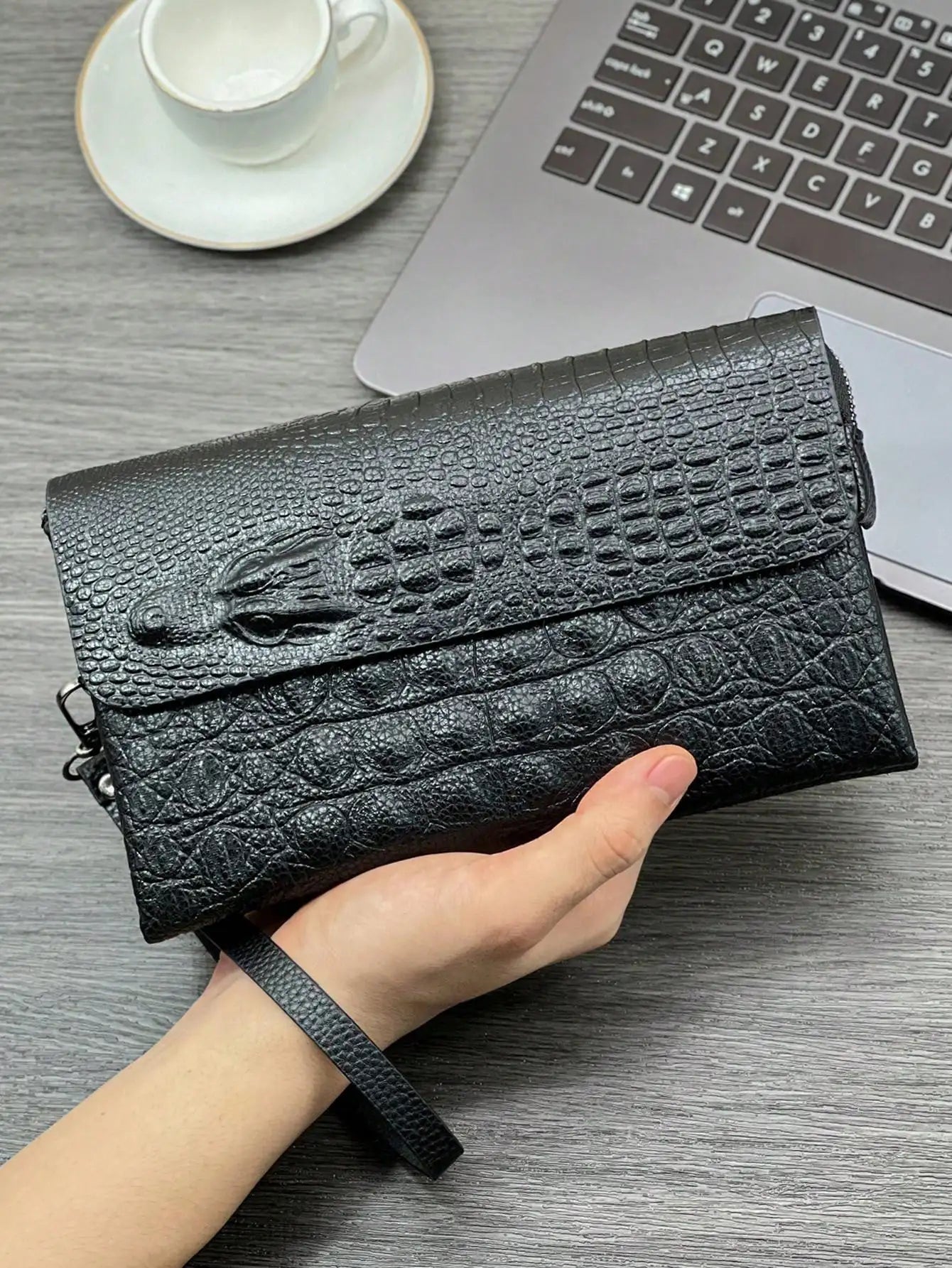 PU Clutch Bag Textured Crocodile Pattern — Black | KIMLUD