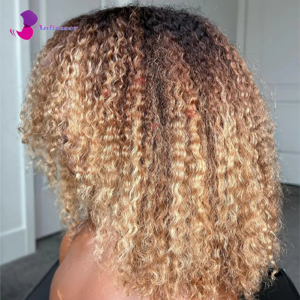 Curly Afro Wig Hair Wigs Human Hair — Black Roots Honey Blonde | KIMLUD