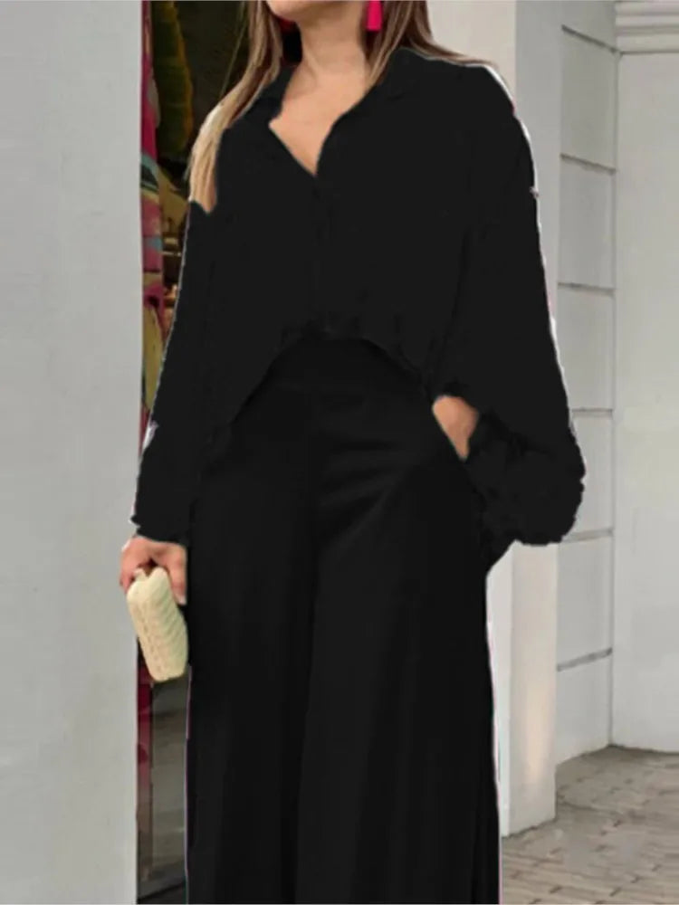 KIMLUD, Fashion Print Set Women Casual Long Sleeve Button Shirt+Pockets High Waist Wide Leg Pants Office 2 Piece Sets Lady Spring Summer, KIMLUD Womens Clothes