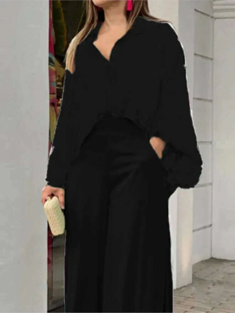 KIMLUD, Fashion Print Set Women Casual Long Sleeve Button Shirt+Pockets High Waist Wide Leg Pants Office 2 Piece Sets Lady Spring Summer, KIMLUD Womens Clothes