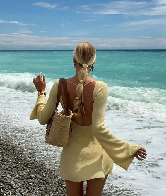 Women Dresses 2026 New Spring Summer Solid Color Spicy Girl Fashion Elegant Round Neck Long Sleeve Backless Slim Mini Dress