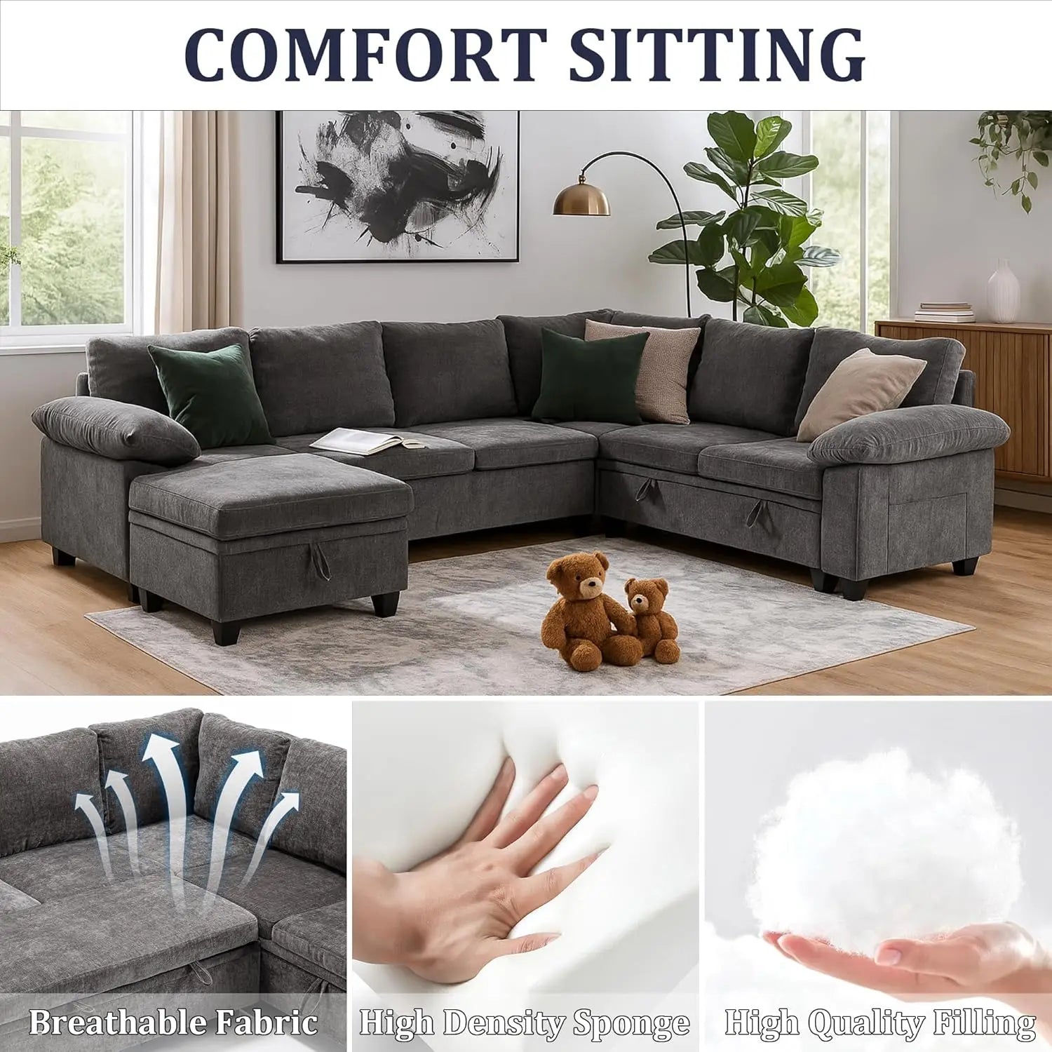 108 Inch Sectional Sleeper L Shaped Sofa with Pull Out Bed, 7 Seat Modular Sectional Sofa with Storage, Modern Chenille Cloud Co
