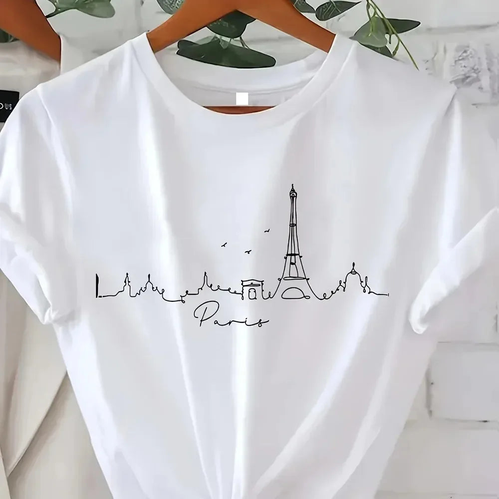 Vintage Elegant O-neck Short Sleeved T-shirt Paris Tower Printed Top High-quality Comfortable And Minimalist Women's Clothing