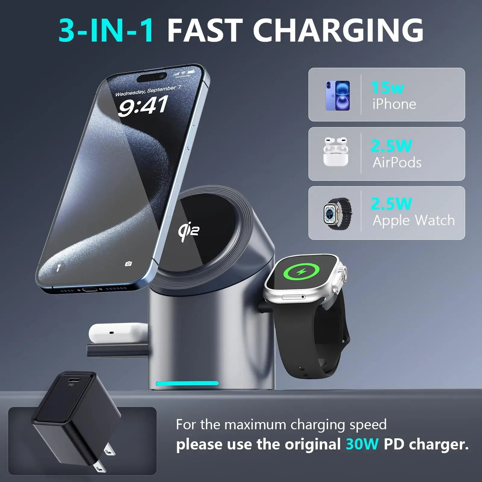Qi2 3 in 1 Magnetic Wireless Charging Stand with Auto Rotation, Metal Body for IPhone 16 15 14 13 12 & Apple Watch&Airpods