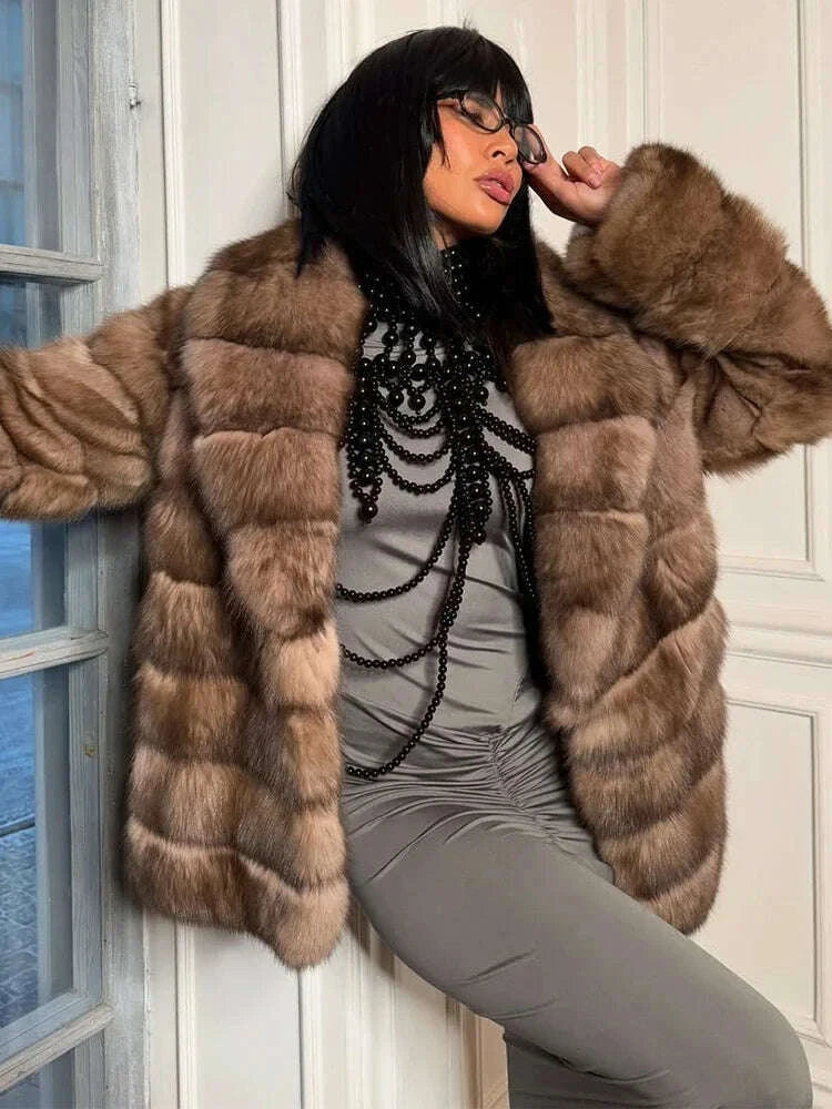 KIMLUD, Women Patchwork Faux Fur Coat Elegant Contrast Full Sleeve Lapel Loose Long Staple Plush Jacket Winter High Street Outerwears, KIMLUD Womens Clothes