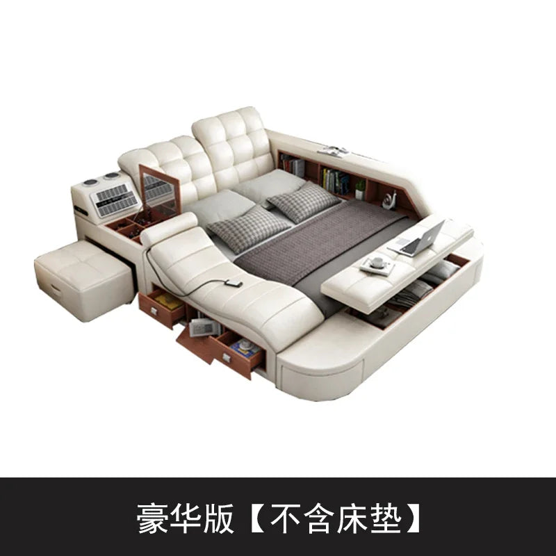 Genuine Leather Bed Tech Smart Multifunctional Massage, Bluetooth Speaker, Air Cleaner — White | KIMLUD