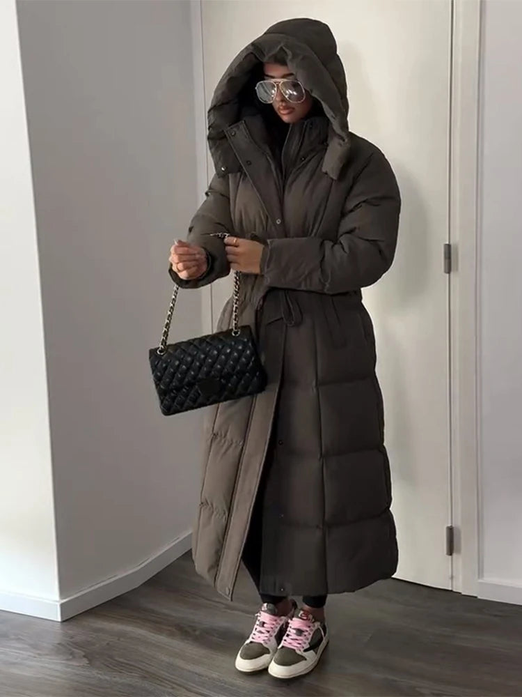 Hooded Lace up Long Jacket Woman Solid Color Zipper Long Sleeve Loose Coats Versatile Warm Minimalist Women's New Winter Jackets