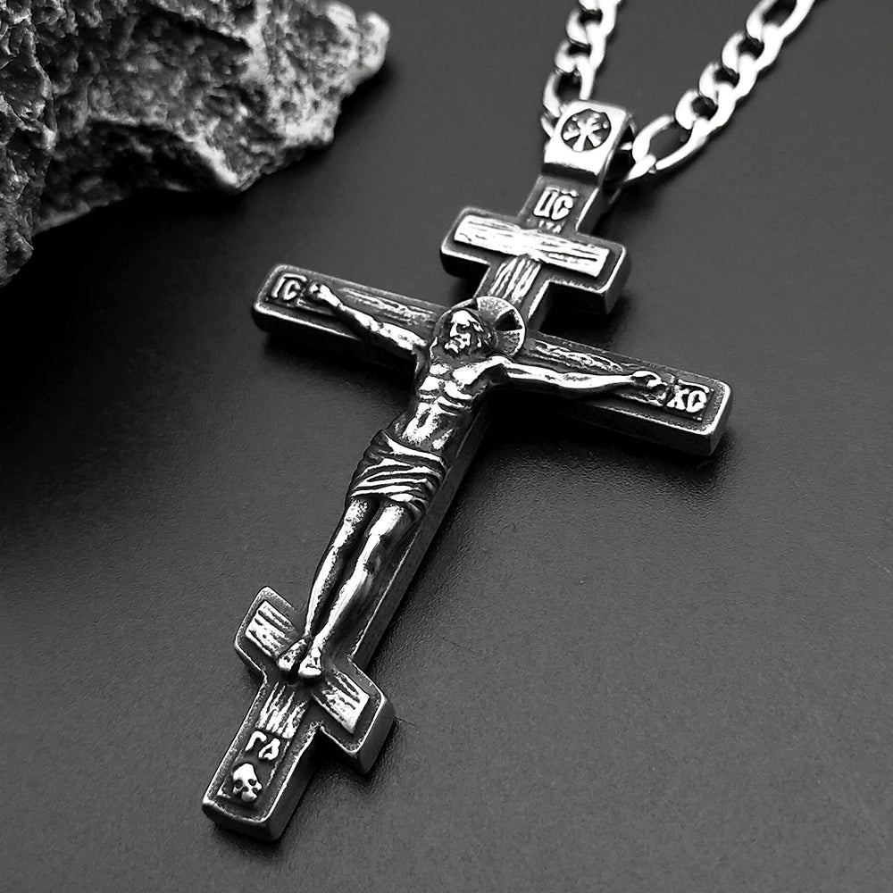 Vintage Orthodox Jesus Cross Pendant Necklace for Women Men Silver Color Stainless Steel Crucifix Baptism Hip Hop Chain Jewelry