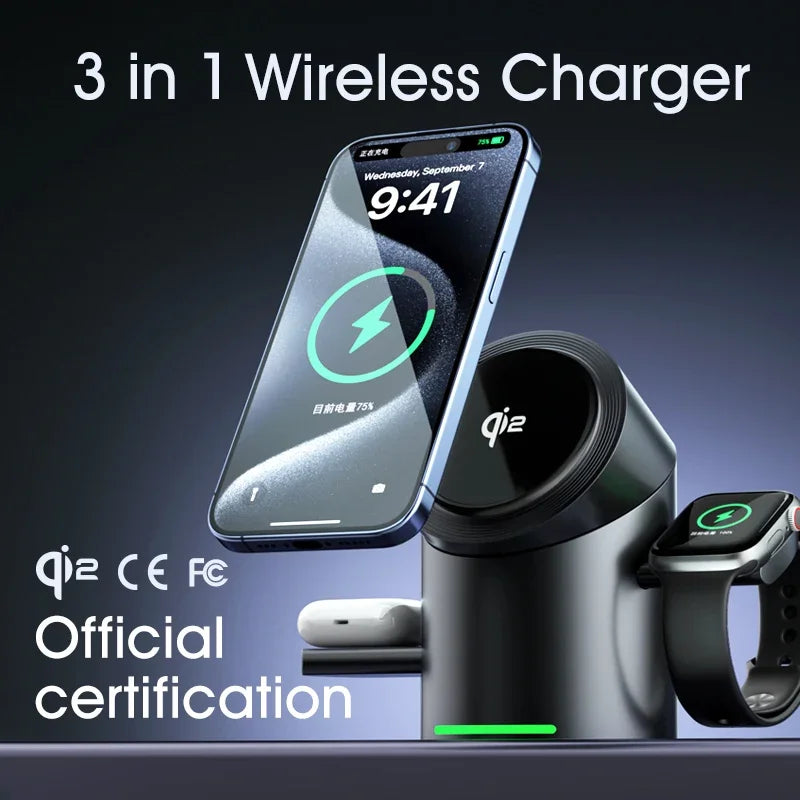 New Truly Qi2 3 In 1 Magsafe Magnetic Touch Button Wireless Charger For Android iPhone iWatch Airpods Fast Charging Dock Station