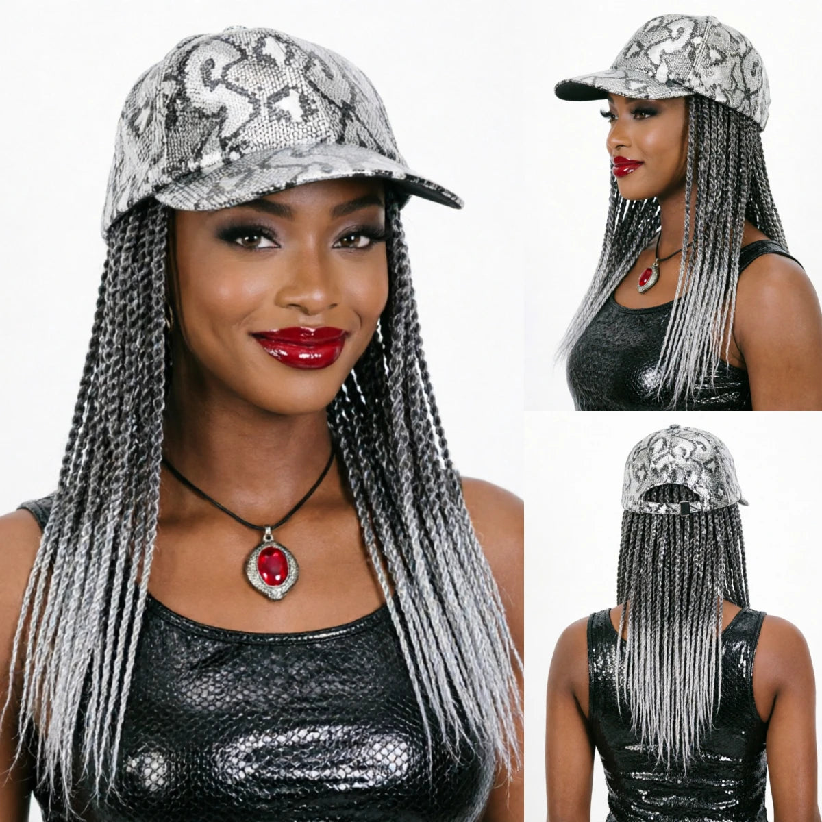 Silver Grey Snake Print Goddess Locs Cap Wig Pre-looped Faux Locs Baseball Hat Wig Braided For Black Women-Wigera
