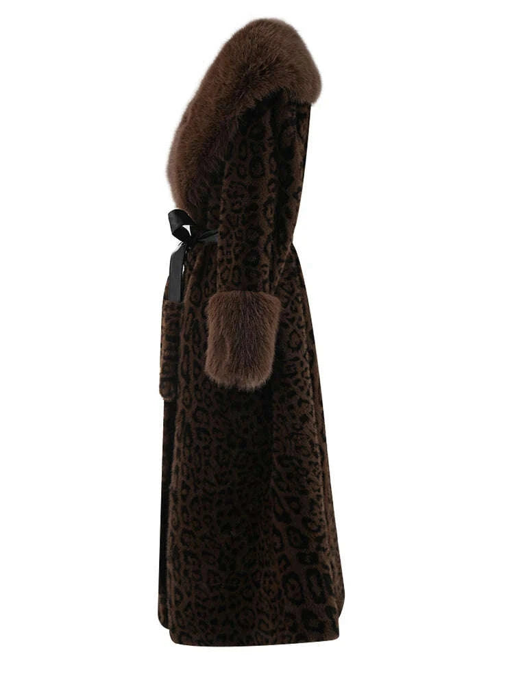 KIMLUD, ZMEENNA Brown Leoppard Print Big Size Long Faux Fur Jacket New Lapel Long Sleeve Women Coat Fashion Autumn Winter 2024 ZM593, KIMLUD Womens Clothes