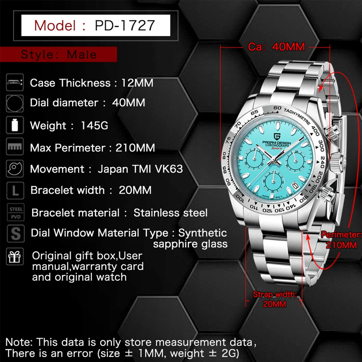 New PAGANI DESIGN Stainless Steel Bracelet Men's Quartz Watch Luxury Sapphire Glass Chronograph VK63 Men's Reloj Hombre Watch