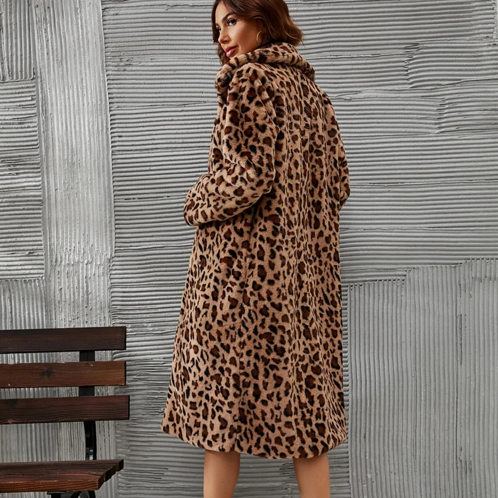 Autumn Winter New Fashion European American Women's Leopard Casual Trendy Loose Faux Fur Coats Female Daily Luxury Clothes Tops