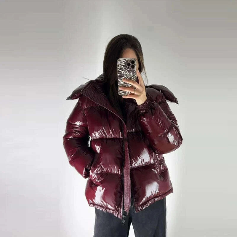 KIMLUD, Chic Glossy Women's Thicken Cotton Coats Hooded Solid Loose Zippers Warm Lady Coat 2025 Winter Casual Female Street Jackets, KIMLUD Womens Clothes