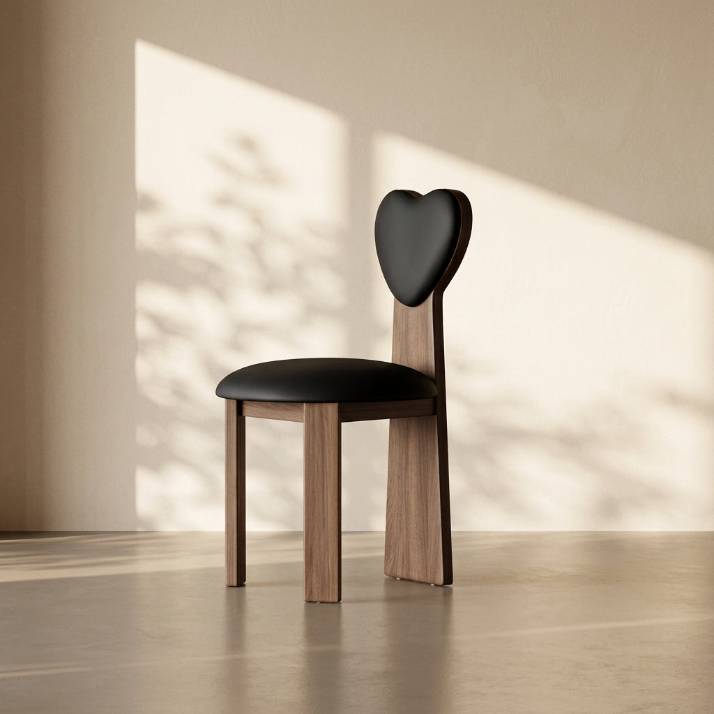Modern chair with heart-shaped backrest on a neutral background, featuring MEA Chair brand.