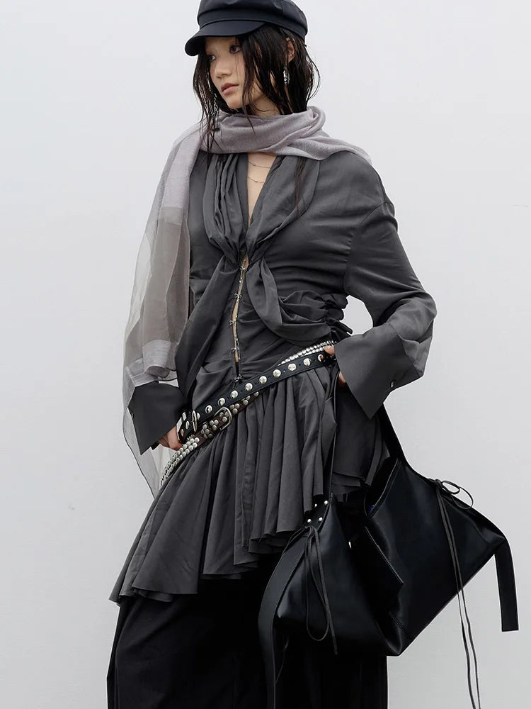 Shirt Dress – Pleated Irregular Burr Hem – Cotton Jersey – Gray | KIMLUD