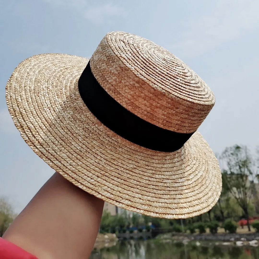 Ribbon Boater Straw Hat Sun Protection — Natural | KIMLUD