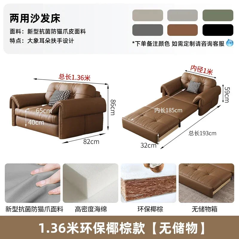 Faux Leather Sofa Bed Italian Modern Silhouette With Convertible Chaise Lounge — Brown | KIMLUD