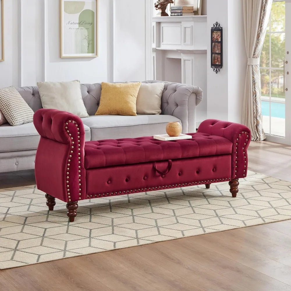 Velvet Storage Bench, End of Bed Storage Bench with Rolled Armrest, Entryway Ottoman with Nailhead Trim and Button Tufting, Stor