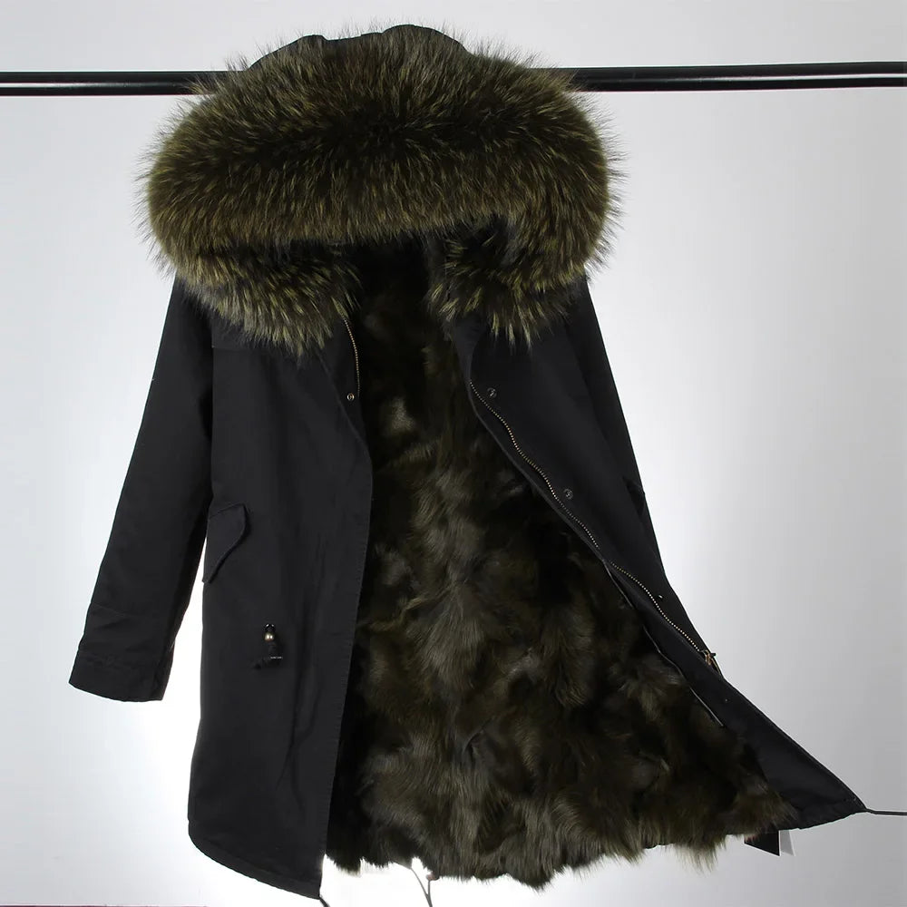 Maomaokong Winter Women's Fur Jacket Long Outdoor Tops Real Fox Fur Collar Inner Fur Lining Parka Natural Silver Fox Women Coat