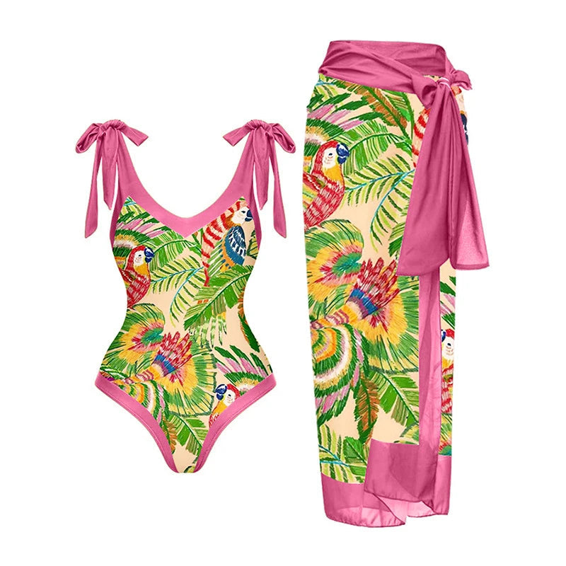 Halter Floral One Piece Swimsuit Skirt — Green | KIMLUD