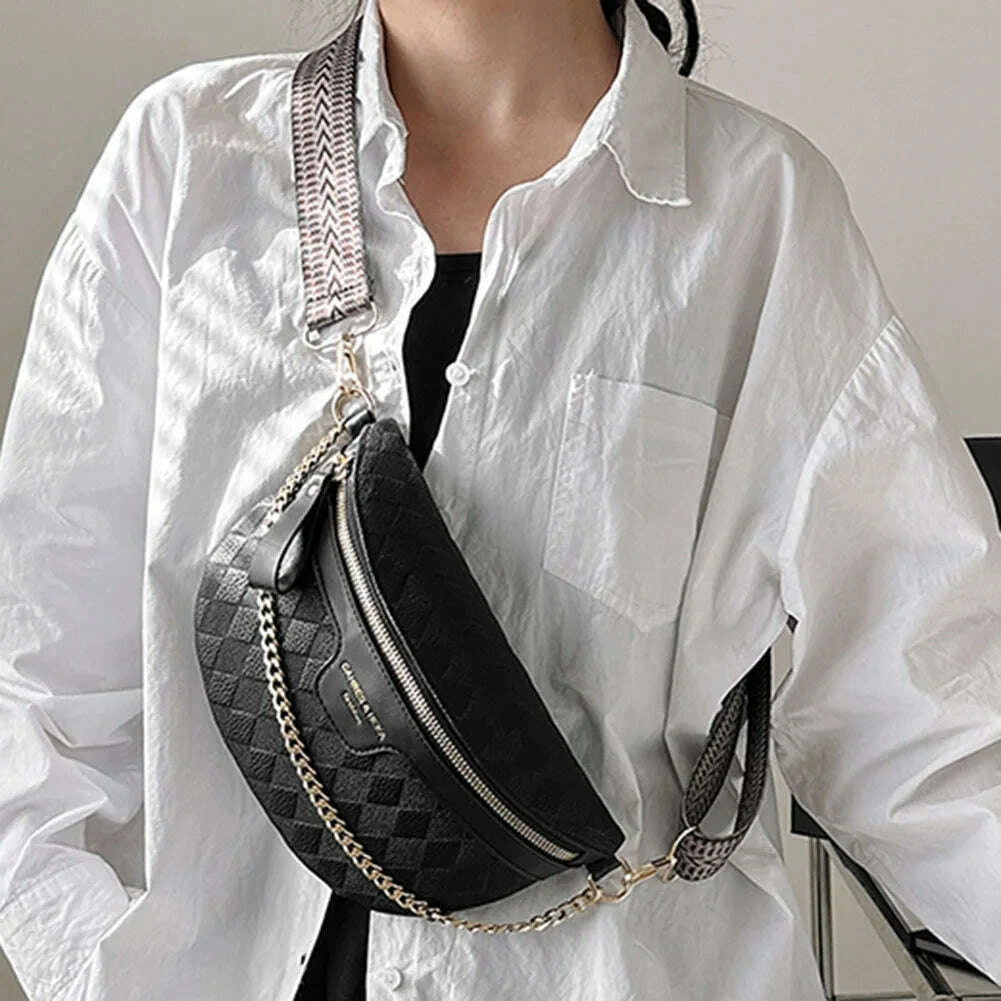 KIMLUD, Rhombic Lattice Female Sling Waist Pack Fashion Chain Sports Satchel Casual PU Leather Portable Wide Strap for Weekend Vacation, KIMLUD Womens Clothes