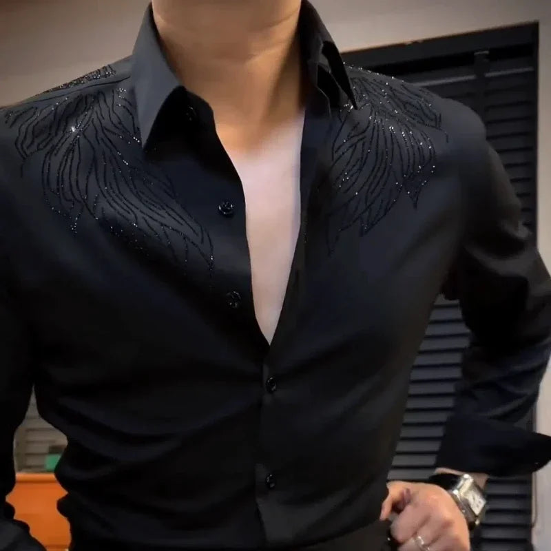 Diamond Print Polyester Shirt Long Sleeve With Y2K Twisty Silky — White | KIMLUD