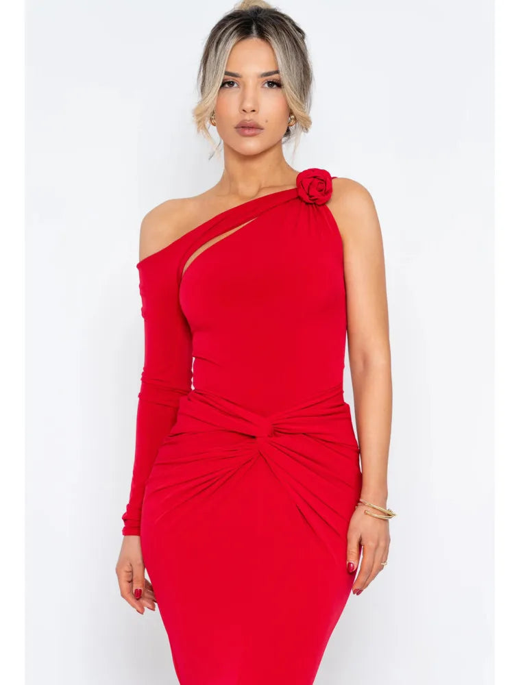 Bodycon Hollow-Out Dress Single-Sleeve — Red | KIMLUD