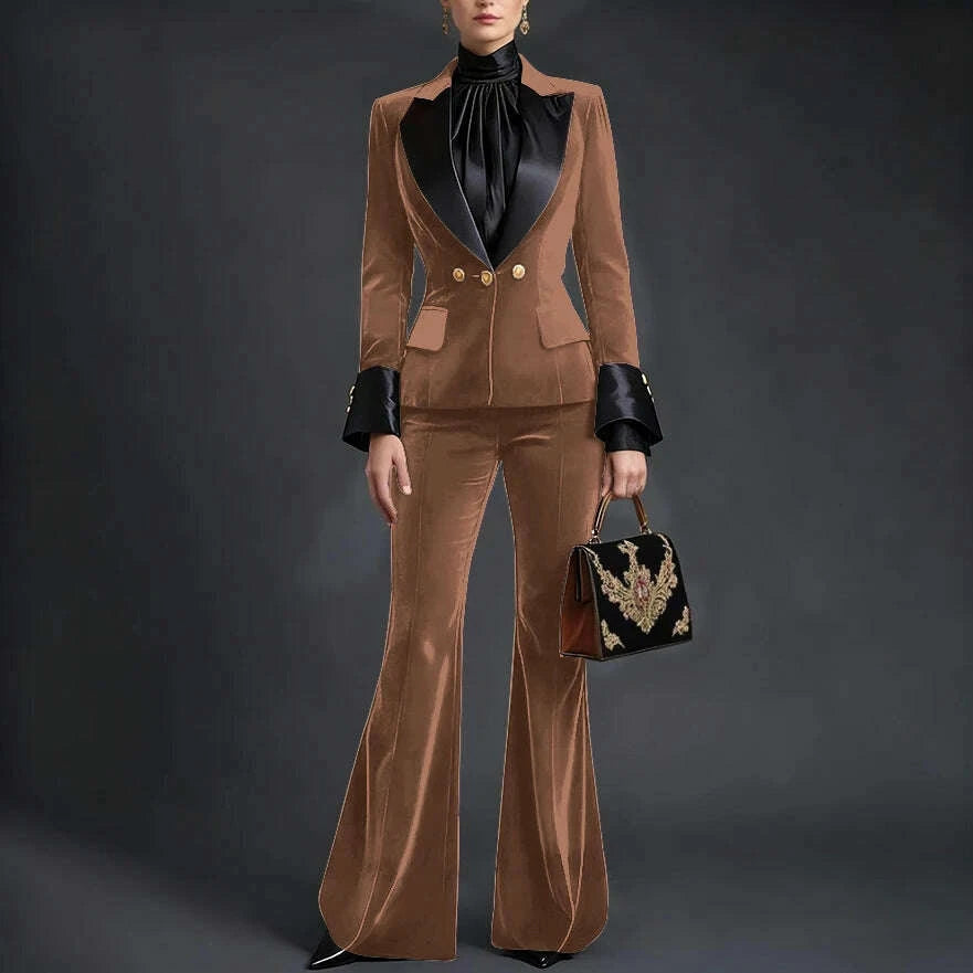Luxury Velvet Women's Burgundy Suits Three Buttons 2-Piece Set Vintage Satin Peaked Lapel Blazer Flared Pants Evening Outfit