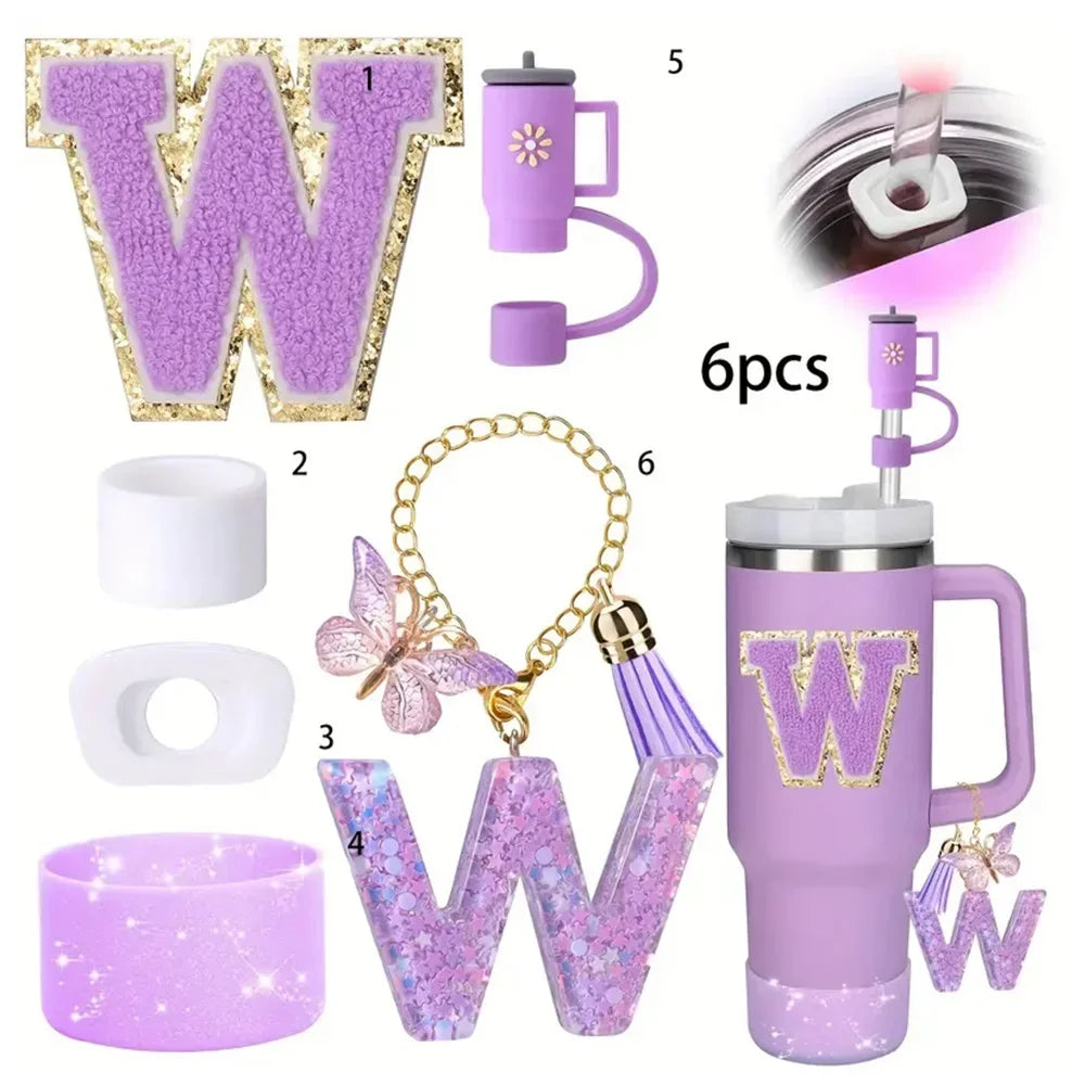 6 in 1 Cup Accessorie Set for Stanley Cup 40oz Tumbler Including Purple Silicone Straw Topper Boot Leak-proof Stopper Decoration