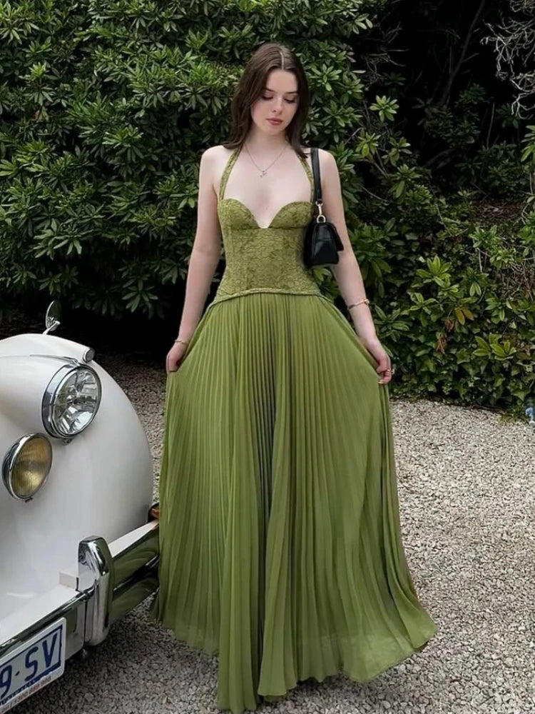 Maxi Dress – Halter Neck Lace Corset Backless – A-Line – Green | KIMLUD