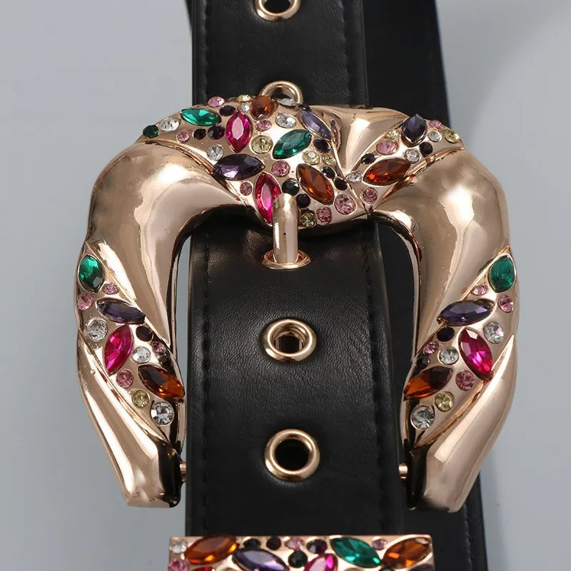 Belt – Rhinestone Zircon Metal Design – PU Belt – Solid | KIMLUD