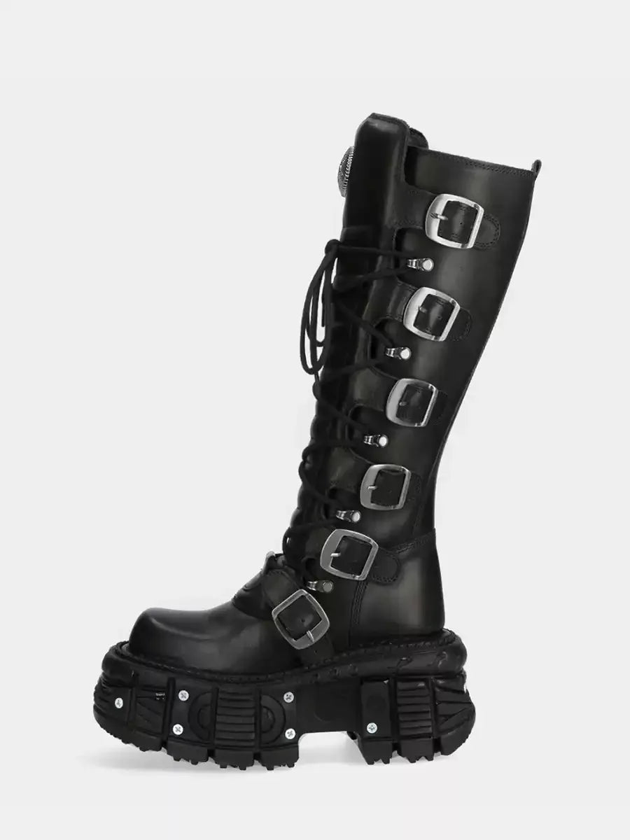 Belt Buckle Motorcycle Boots Knee High Rock Punk Round Toe Thick Bottom Leather Solid Color Fashion Sexy Women Shoes New