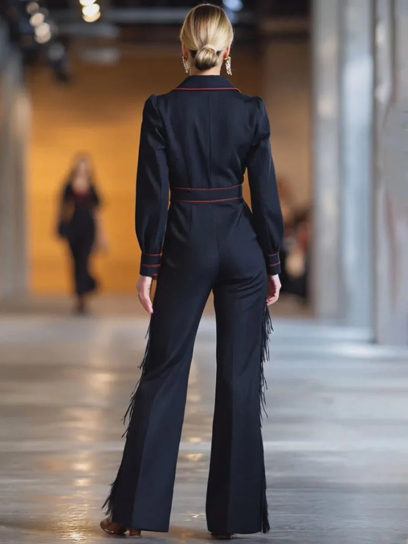 Denim Fringed Jumpsuit Button Front Deep V-Neck — Black | KIMLUD