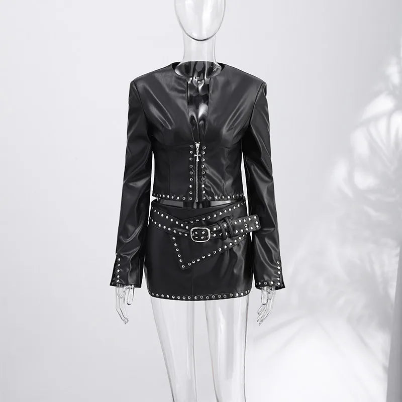 Jacket Skirt Set - Studded Trim - Cropped Zip-Up - Women | KIMLUD