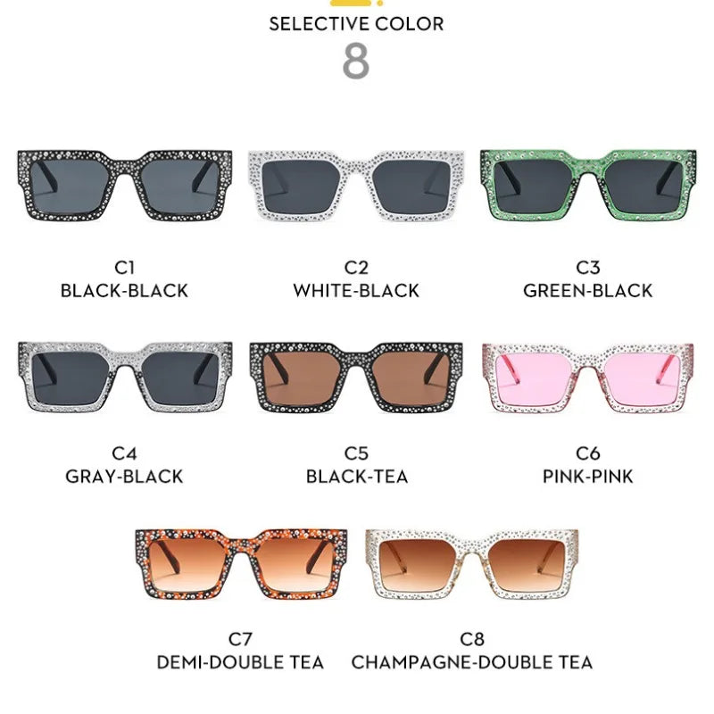 Plastic Diamond-Studded Square Sunglasses — Black | KIMLUD