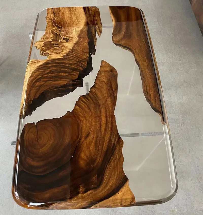 Walnut Wood Dining Table Top Amber Resin River — Walnut | KIMLUD