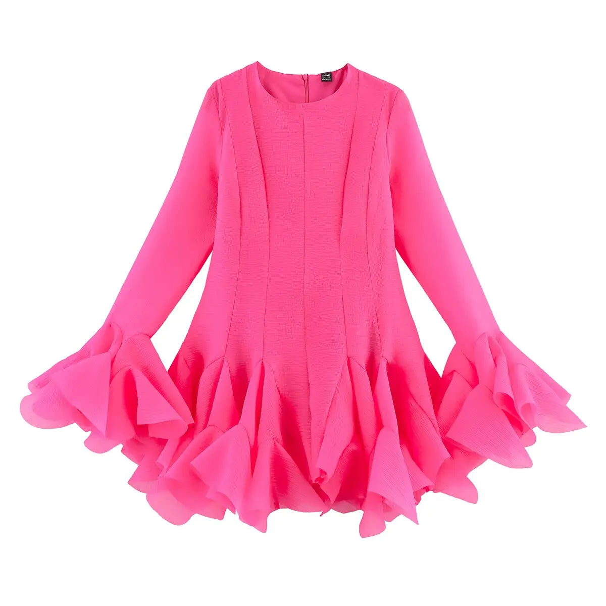 2026 Summer Women's Elegant Multi-Layered Ruffled Hem Mini Dresses Lady Sweet French Style Long Flare Sleeve Slim Fit Puffy Robe